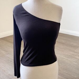 American Apparel Black Thin Ribbed One Sleeve Off Shoulder Top